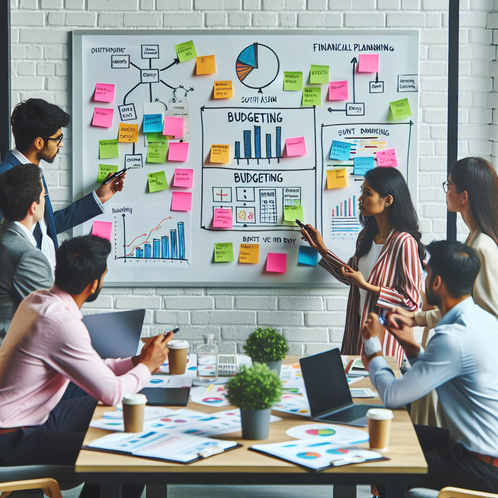 Small group of Ghanaian professionals collaborating around a whiteboard covered with budgeting frameworks and colourful sticky notes during a financial planning workshop