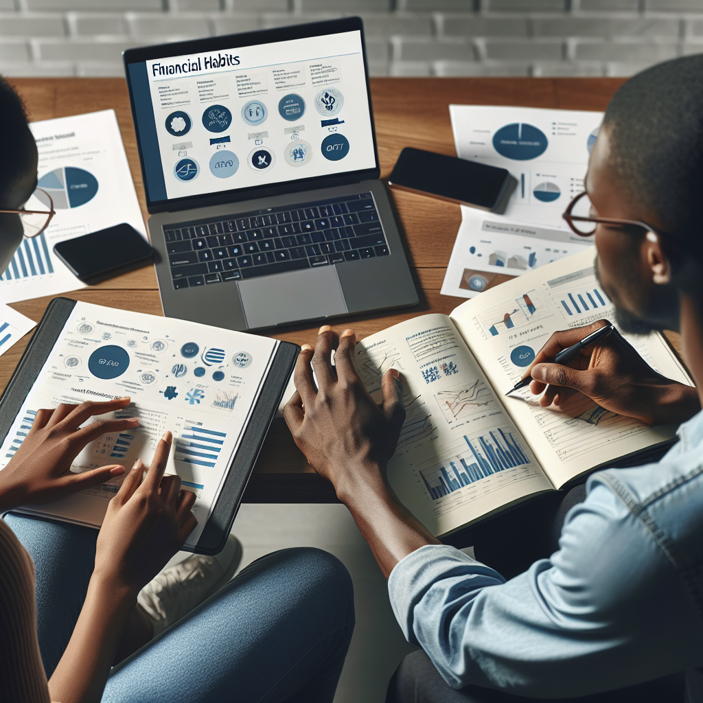 Two Ghanaian colleagues reviewing a financial habit worksheet together at a shared office table with notebooks and laptops