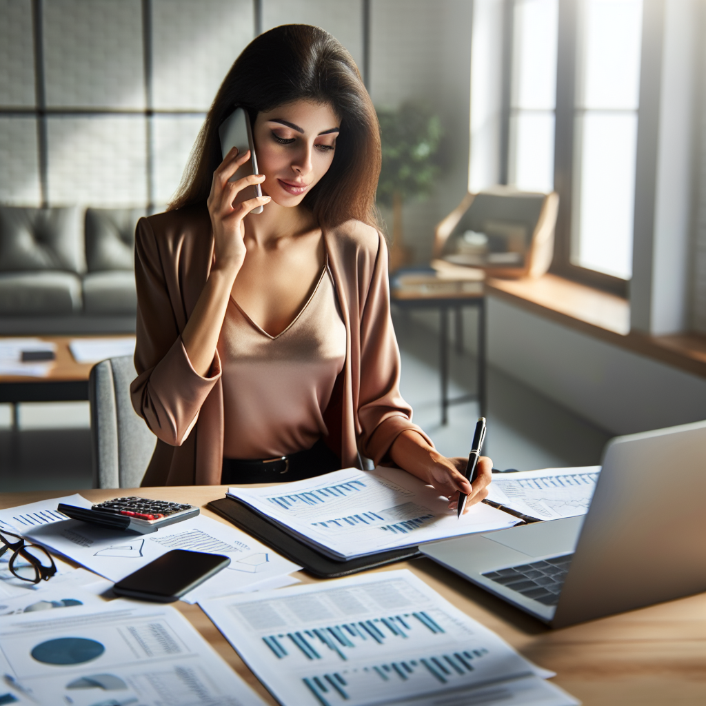 Impulsejunction representative speaking on the phone while reviewing financial planning notes on a desk with a laptop and notepad in a bright office