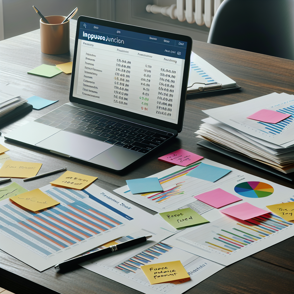 Printed financial trackers, colourful sticky notes, and a laptop displaying a budgeting spreadsheet prepared for an Impulsejunction client session on a polished desk