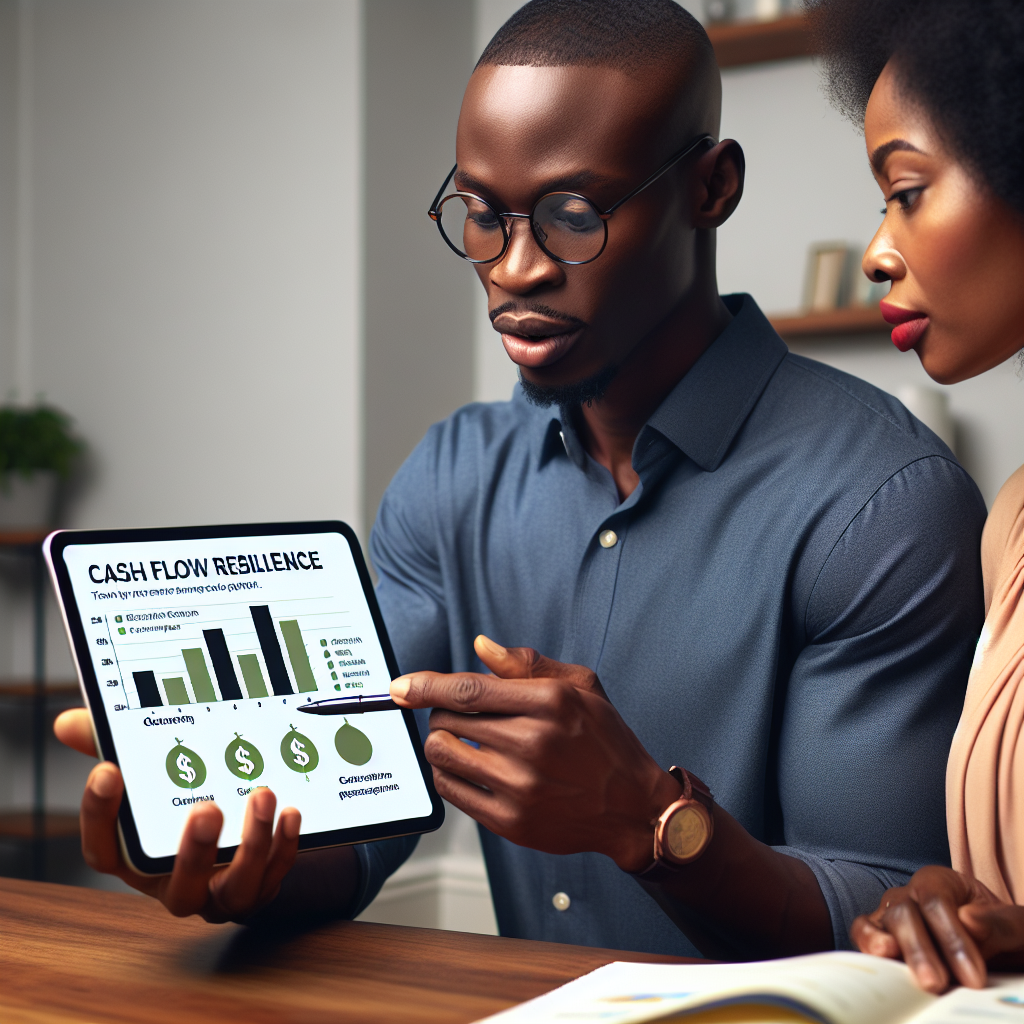 Facilitator demonstrating a cash flow resilience chart to a Ghanaian couple while marking key expense categories on a tablet screen during a consultation