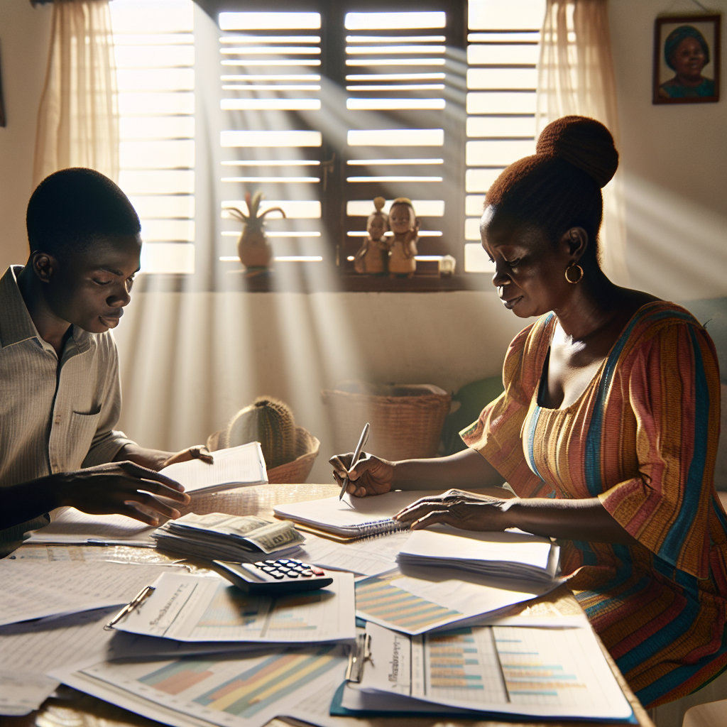 Facilitator recording notes from a Ghanaian mother explaining monthly expense challenges while sitting in a sunlit living room with budgeting documents spread on the table