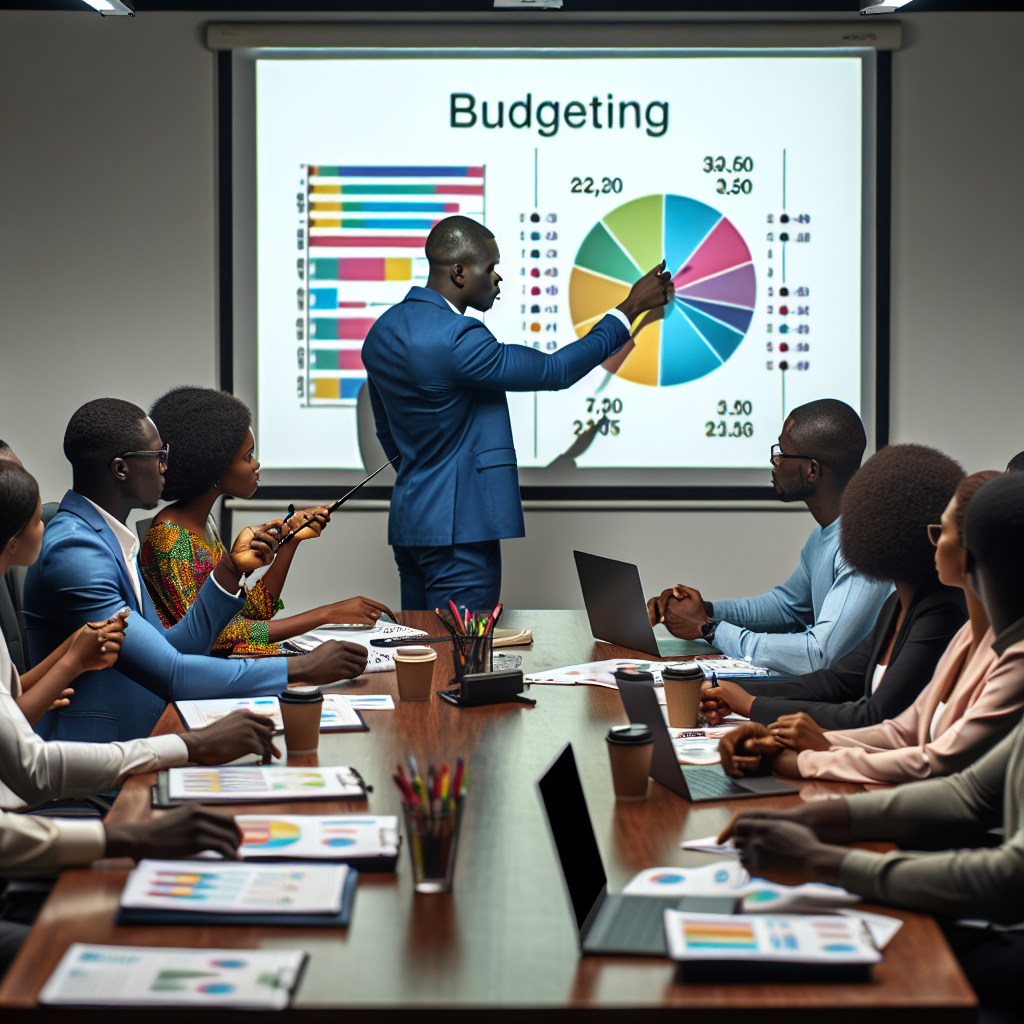 Financial coach presenting a colourful budgeting dashboard to Ghanaian clients seated around a conference table during a planning session